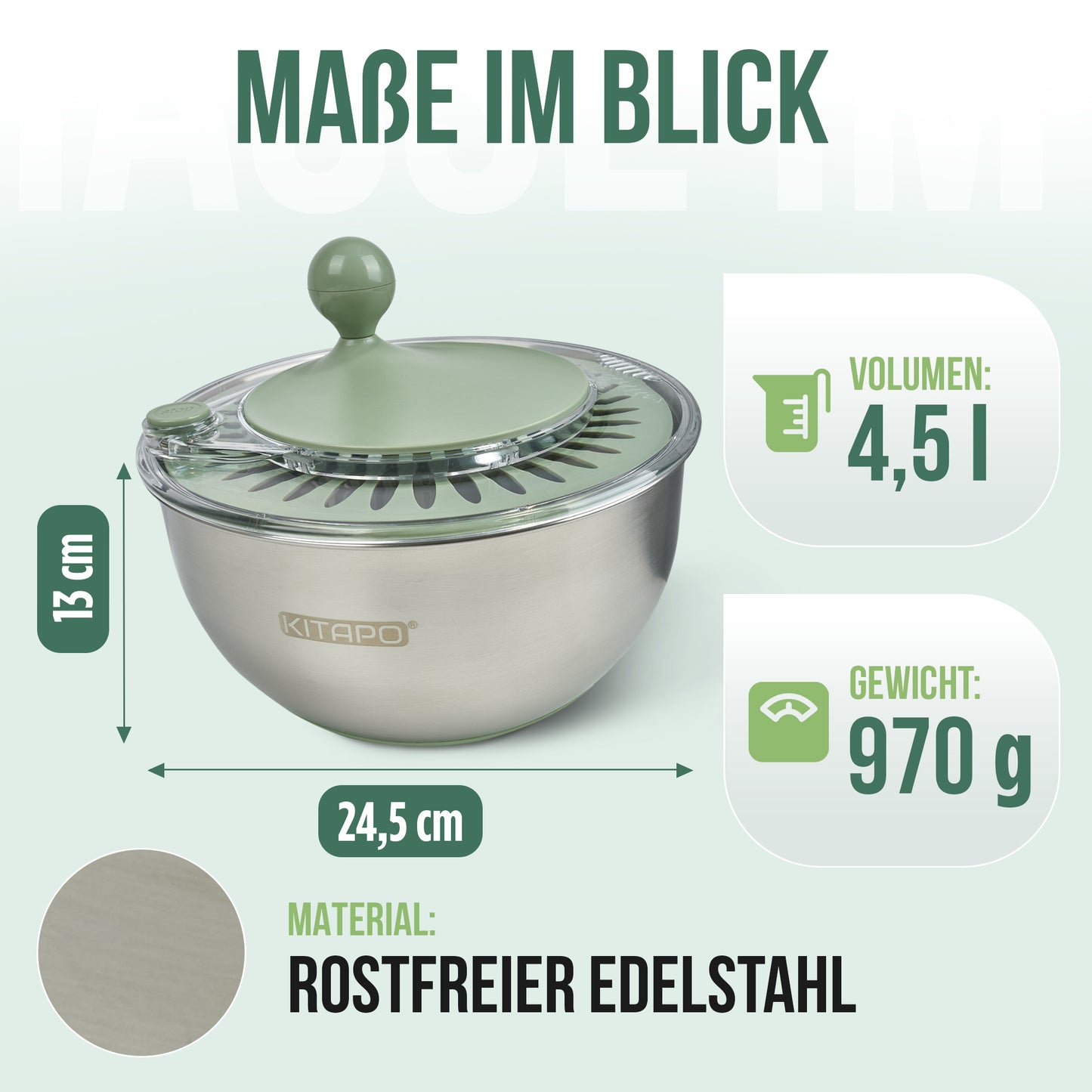 KITAPO Edelstahl Salatschleuder mit Kurbelantrieb